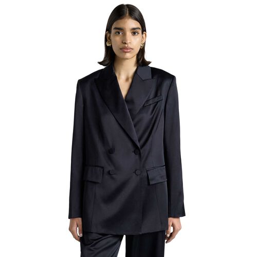 Cue Dark Ink Matte Satin Viscose Double Breasted Blazer